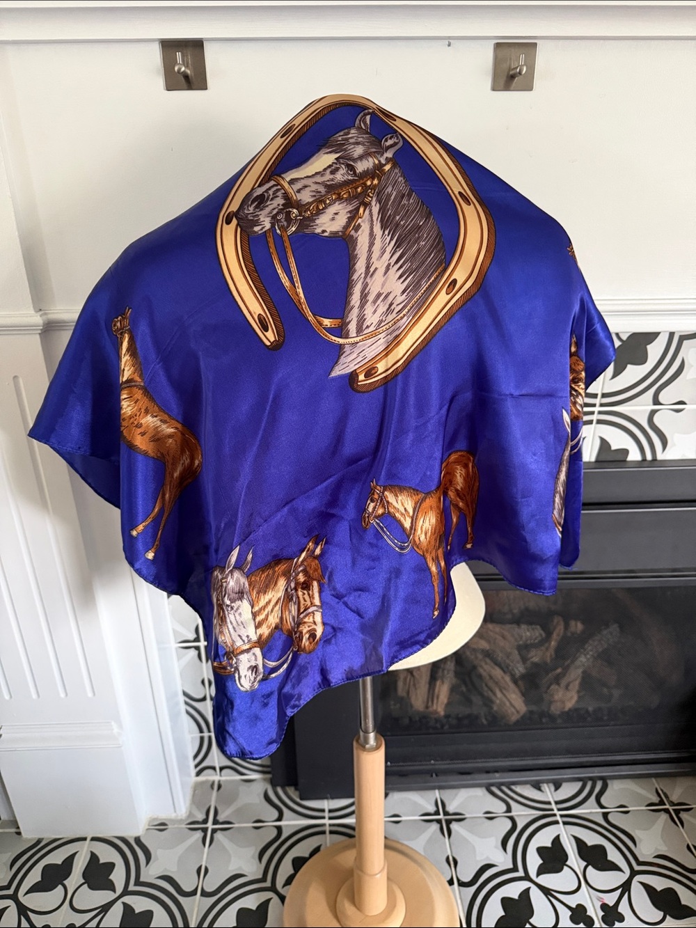 Equestrian Horse Print Satin Scarf in Royal Blue and Gold
